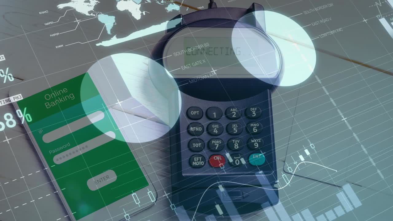 animación del procesamiento de datos financieros a través de terminales de pago y teléfonos inteligentes