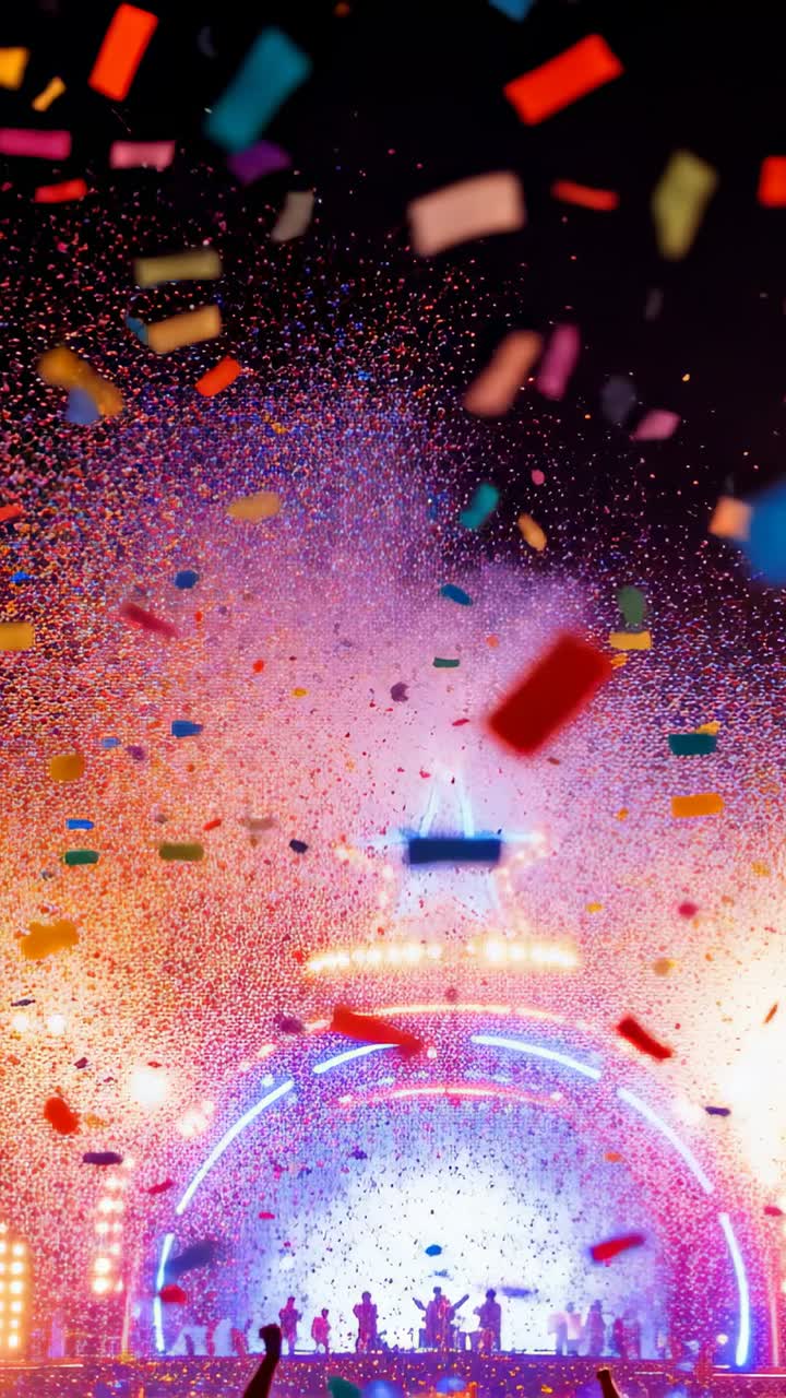 Video verticale: Scintilla esplosiva che lancia coriandoli sopra un arco e una stella luminosi, con una band che segna il finale.