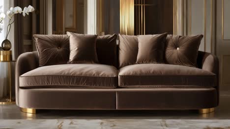 luxurious brown velvet sofa in a golden interior