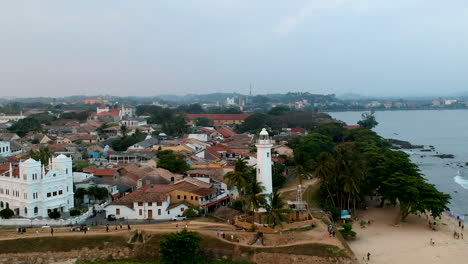 Aerial-drone-of-Galle-fort-Lighthouse-at-sunset-golden-hour