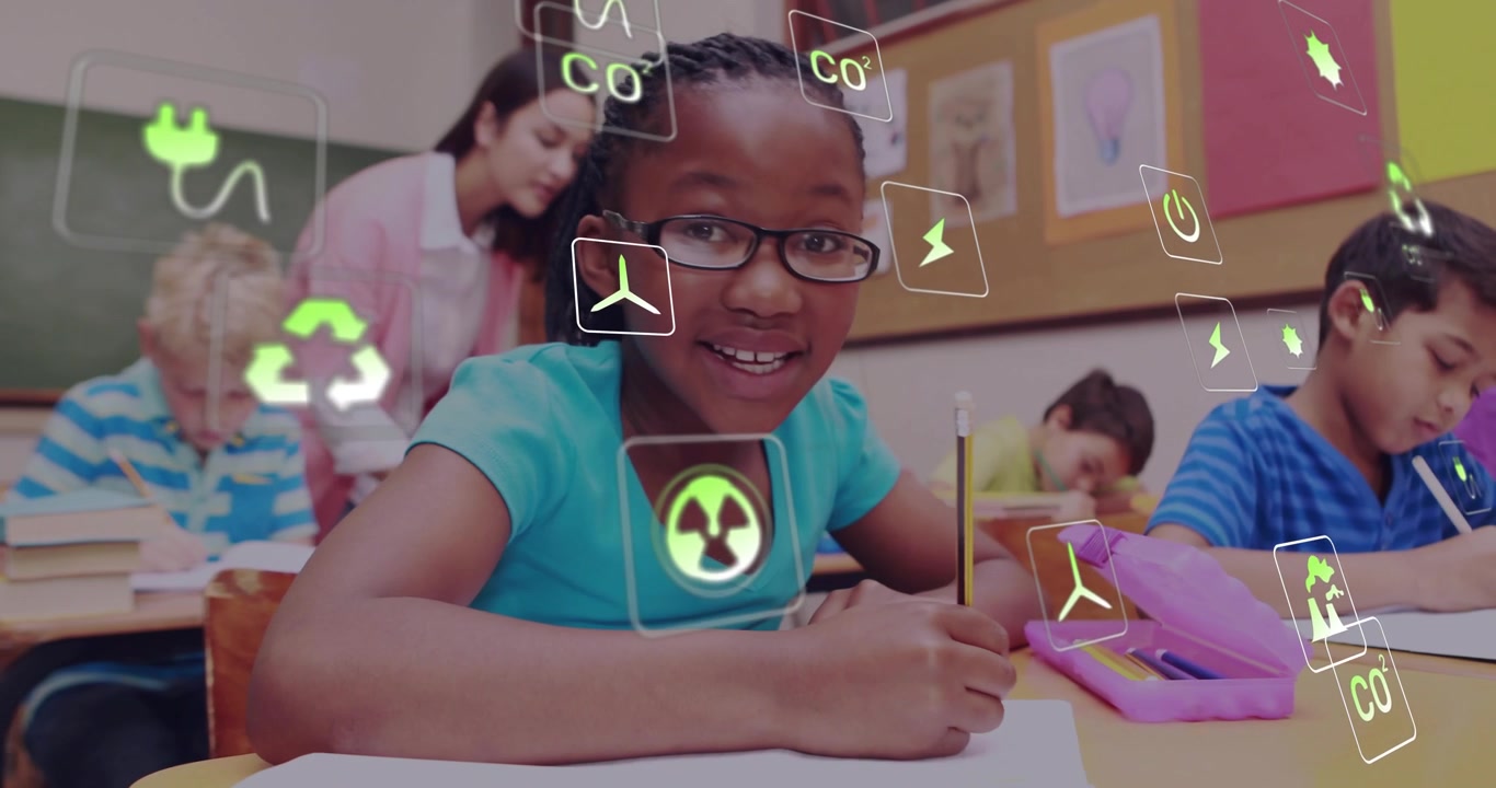 Camera moving closer, girl writing while green icons drifting over students, supporting education