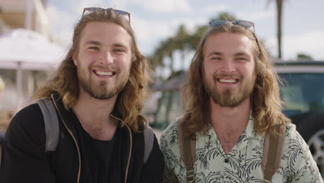 portret van aantrekkelijke tweelingbroers op vakantie die gelukkig glimlachen