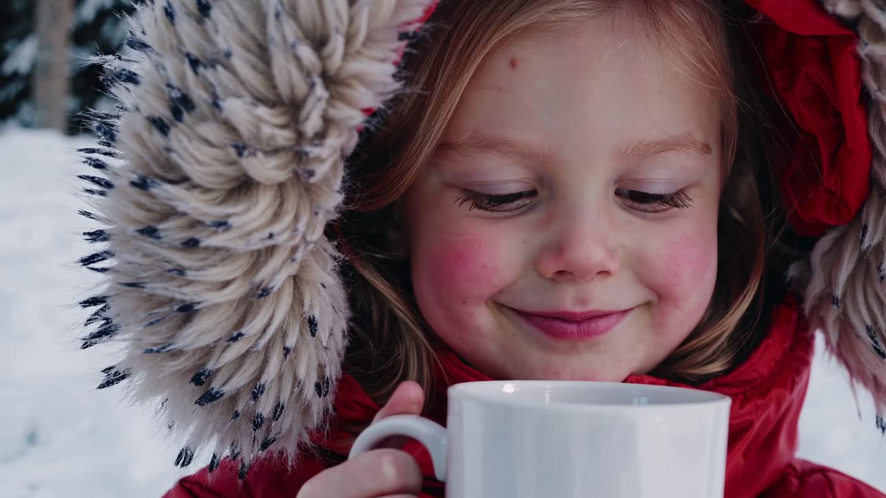 Close-up video frame of a child in a red coat with a fur hood, holding a mug, looking upwards