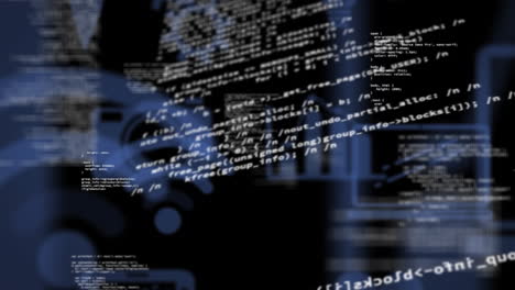 animación de procesamiento de datos e iconos de medios en fondo negro