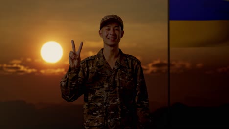 ukrainian soldier showing peace sign during sunset