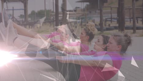 animación de formas sobre mujeres diversas en ejercicios de carrera de obstáculos.