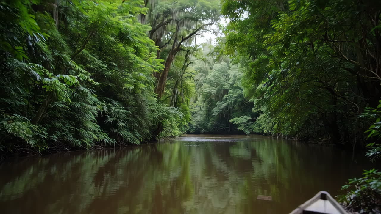 Wooden Boat in a Lush Tropical River