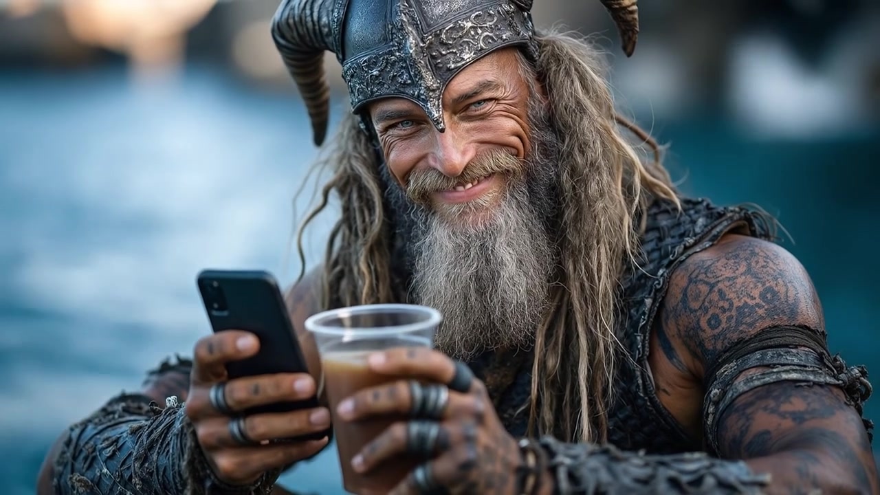 Mand i historisk vikingekrigerkostume tjekker en smartphone og holder en kaffekop.
