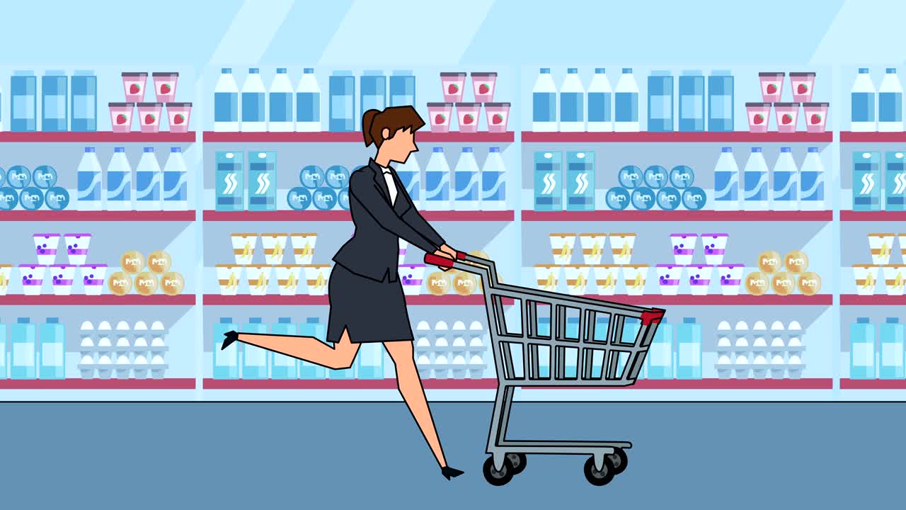 평평한 만화 사업가 캐릭터는 빈 쇼핑 카트 애니메이션으로 실행됩니다.