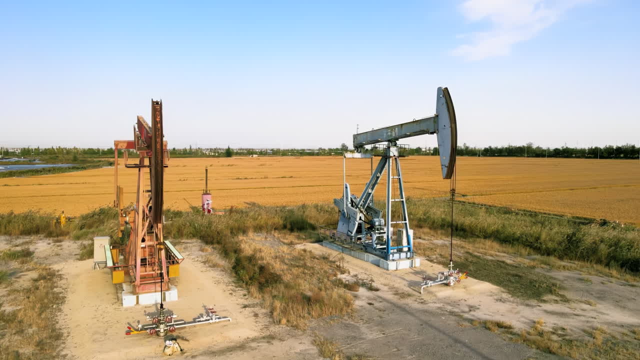 Crude oil gasoline production drilling rigs derrick, pump jack machine oilfield work tirelessly in vast, continuous extraction of fossil fuels global energy consumption power supply demand crisis