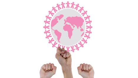 animation of multiple pink globe logo over raised fists