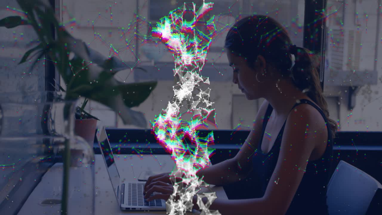 Digital glitch appearing then woman sipping coffee mug and working on laptop in technology scene