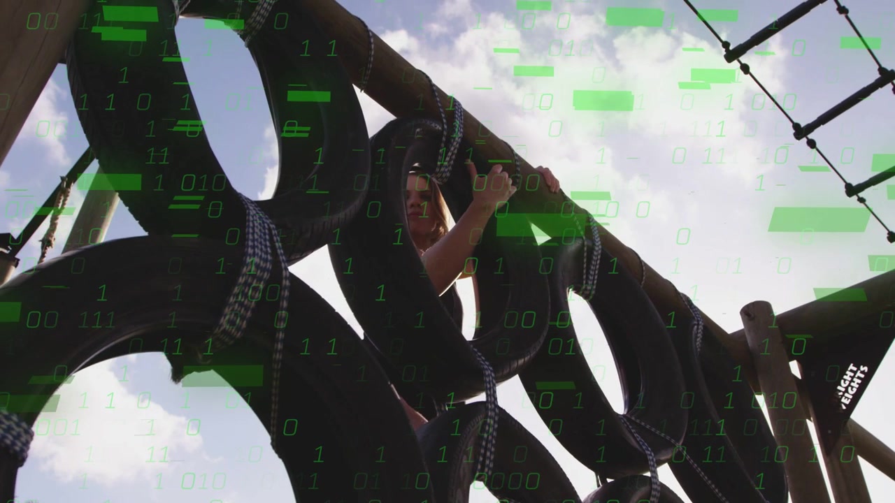 Female climber is climbing tire wall in flat design, with wooden beam, rope-ladder, green overlay