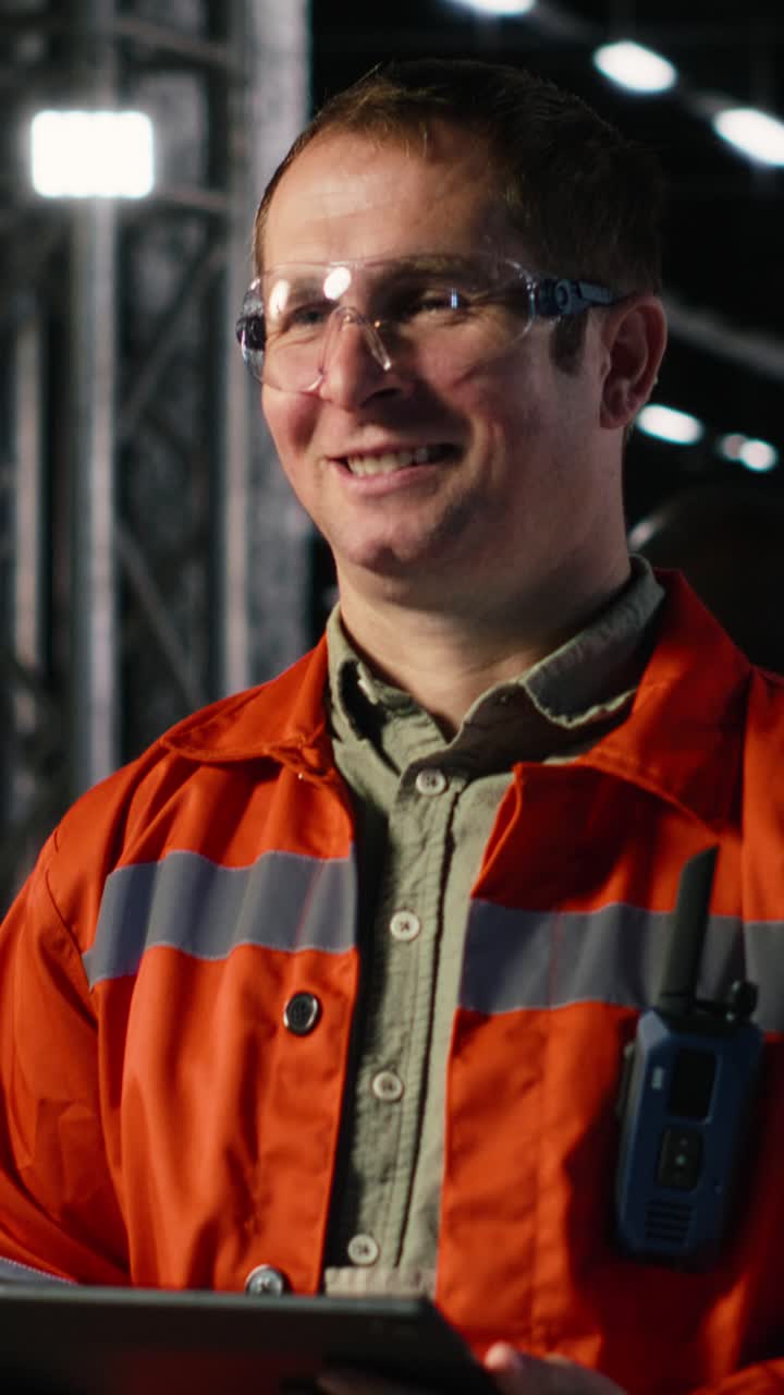 Vertical Video Engineer oversees assembly tools on tablet in industry plant