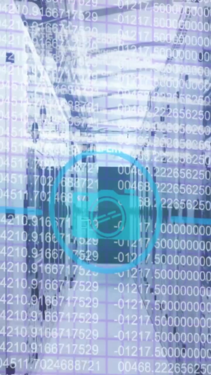 Futuristic Server Room with Digital Code and Camera Icon Overlay