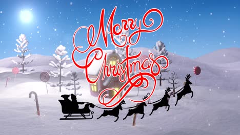 Animation-of-christmas-greetings-text-over-santa-claus-in-sleigh,-snow-and-house-in-winter-scenery