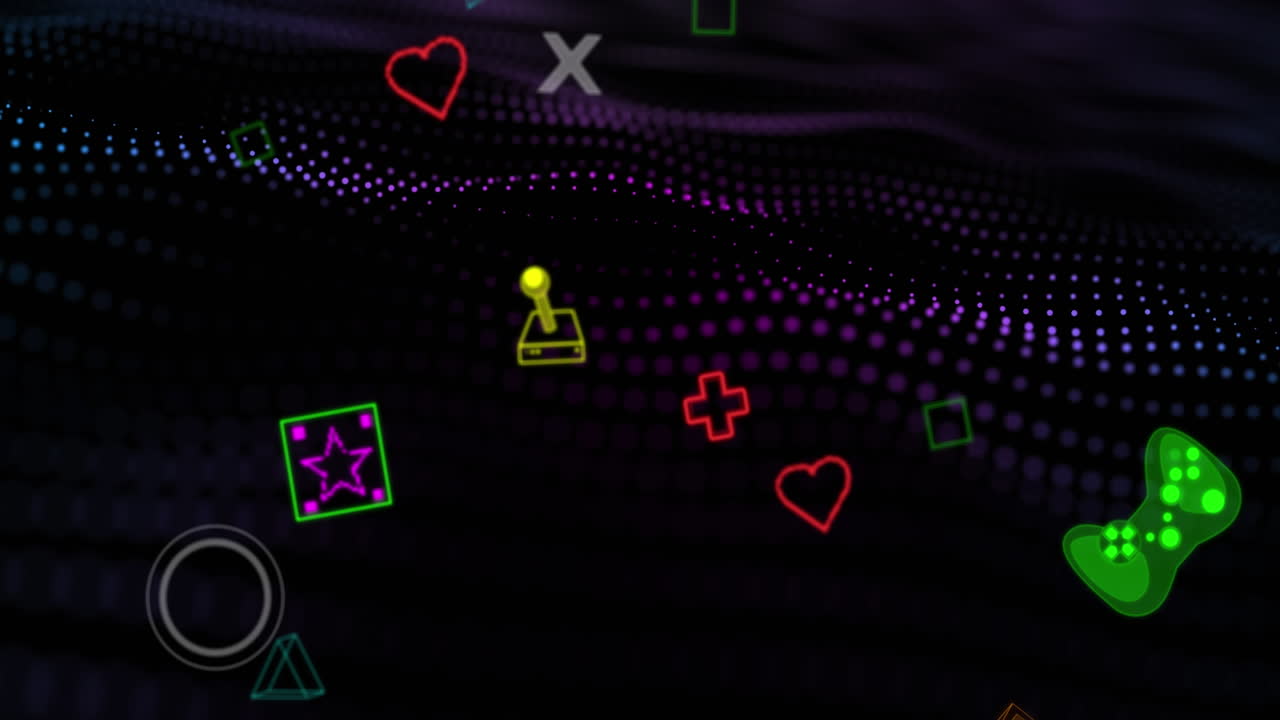 검은색 배경에 게임 아이콘과 스의 애니메이션