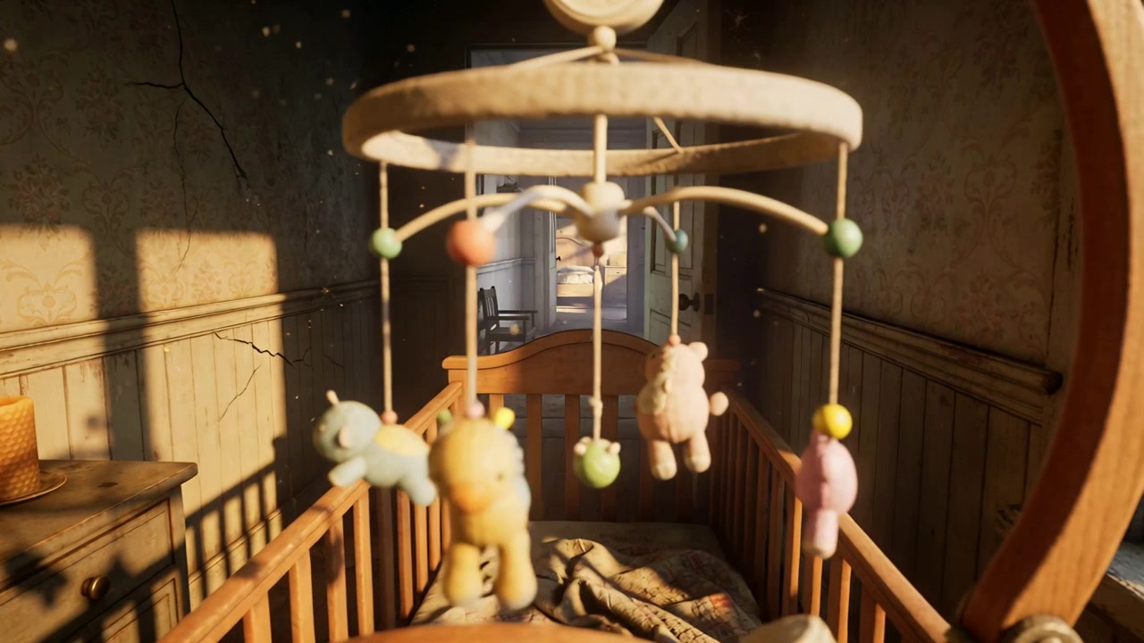 Rotating baby mobile swinging over wooden crib at narrow bedroom corner, showing lit candle