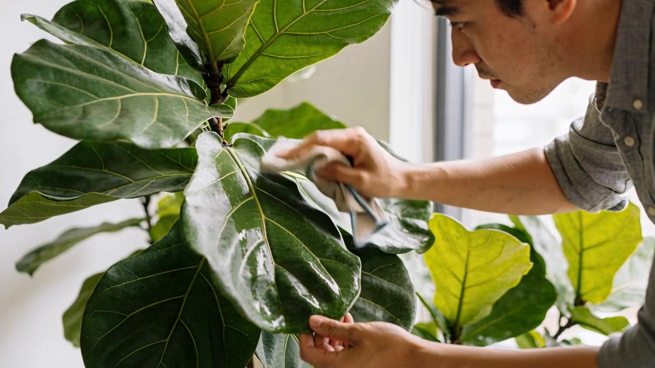 Hombre asiático inclinado hacia adelante, con las mangas remangadas, limpiando una hoja de ficus en casa junto a la ventana con un paño