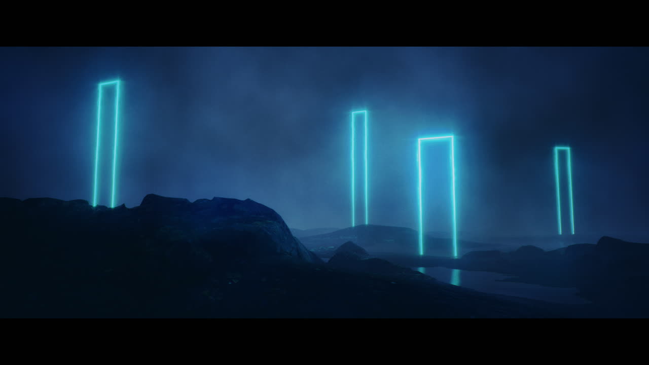 Rocky landscape with huge blue light portal structures