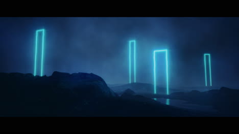 rocky landscape with huge blue light portal structures