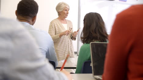 senior woman with tablet teaching adult education class