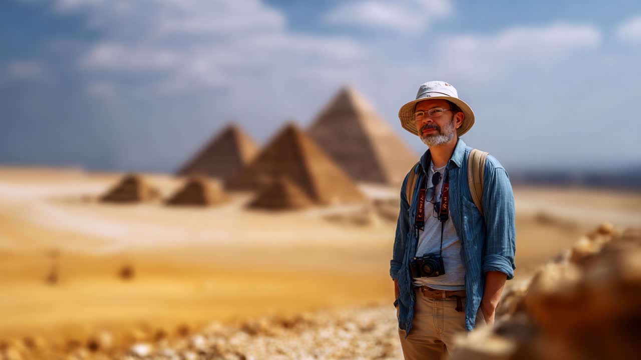 Un viaggiatore ammira le antiche piramidi, immortalando il maestoso paesaggio con una fotocamera mentre esplora i segreti di questa meraviglia storica.