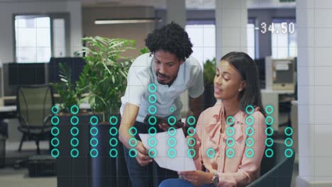 animation of financial data processing over diverse business people discussing work at office