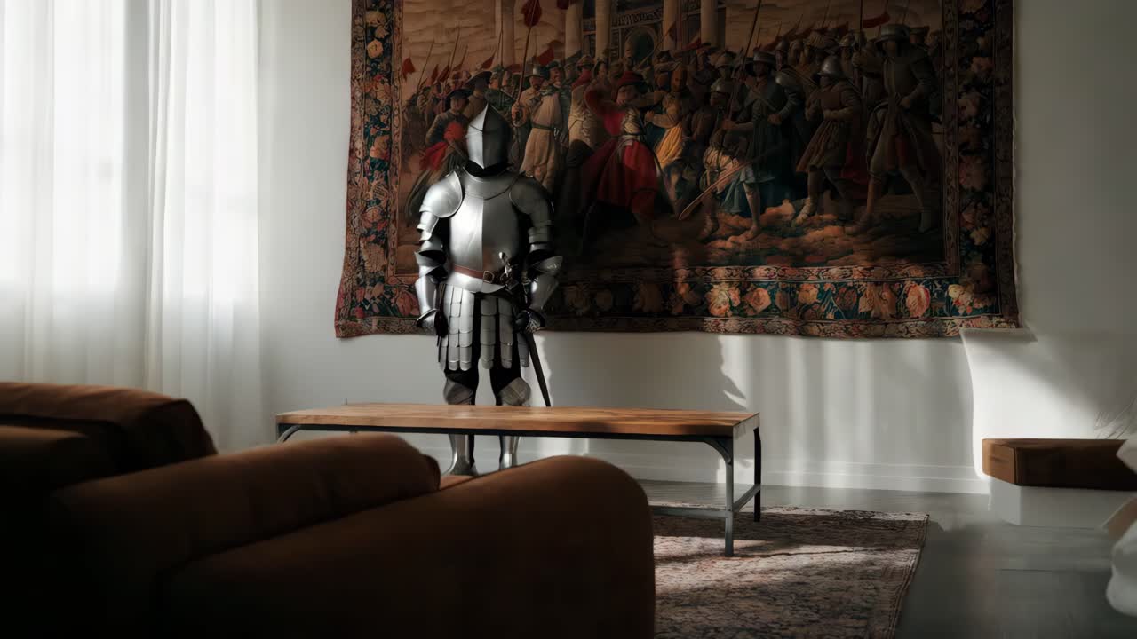 caballero en armadura en una sala de estar moderna