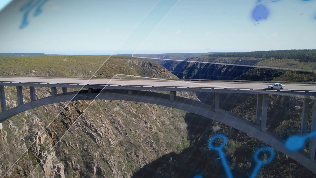 SUV appearing right edge crossing arch bridge, camera tracking, blue overlay shifting to show span
