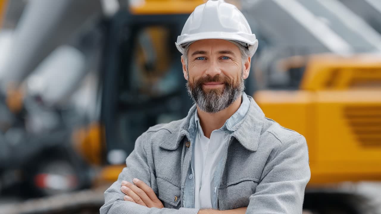 A Confident Construction Worker Smiling in Front of Heavy Machinery, Showcasing Professionalism and Expertise in the Building Industry