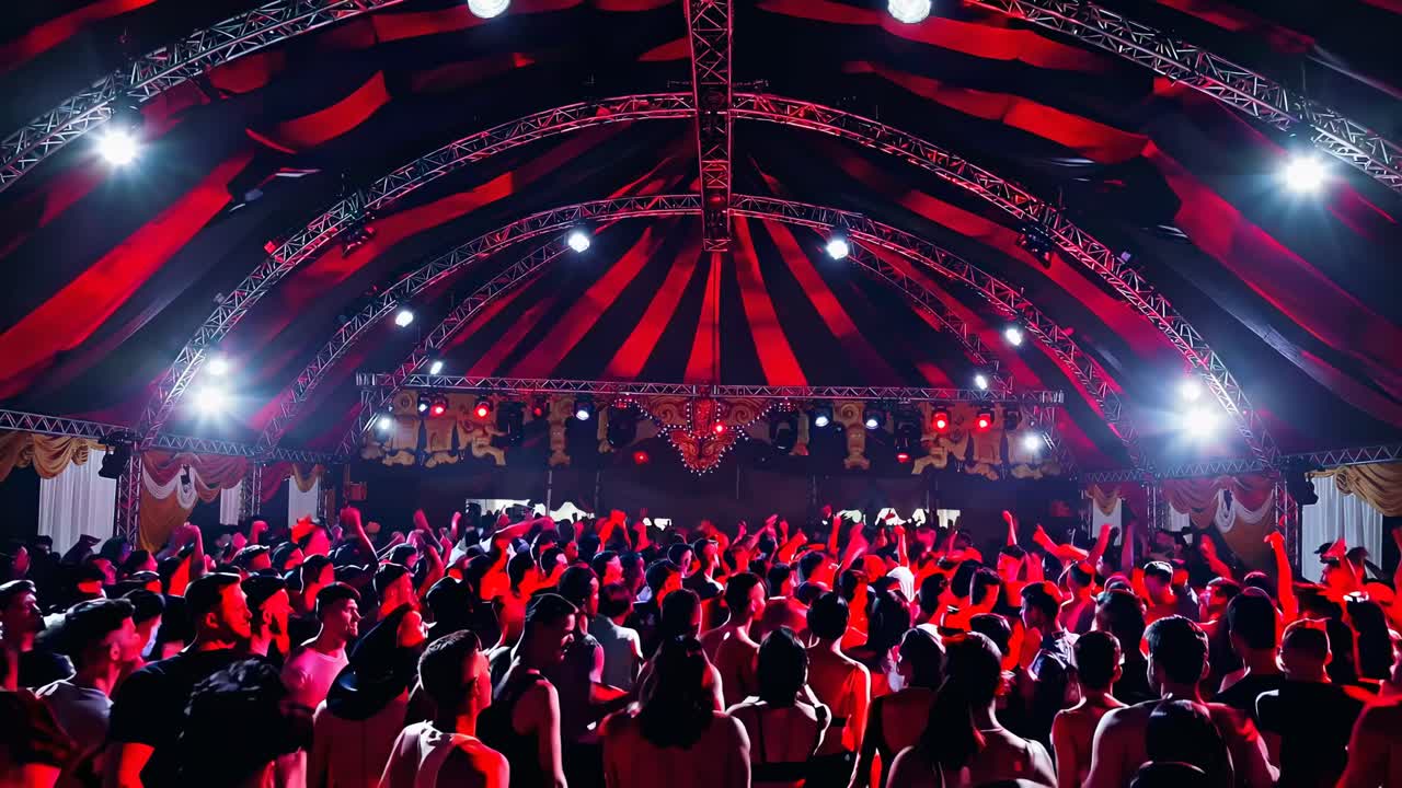 Suasana pesta yang semarak dengan kerumunan orang menari di bawah lampu merah di dalam tenda.