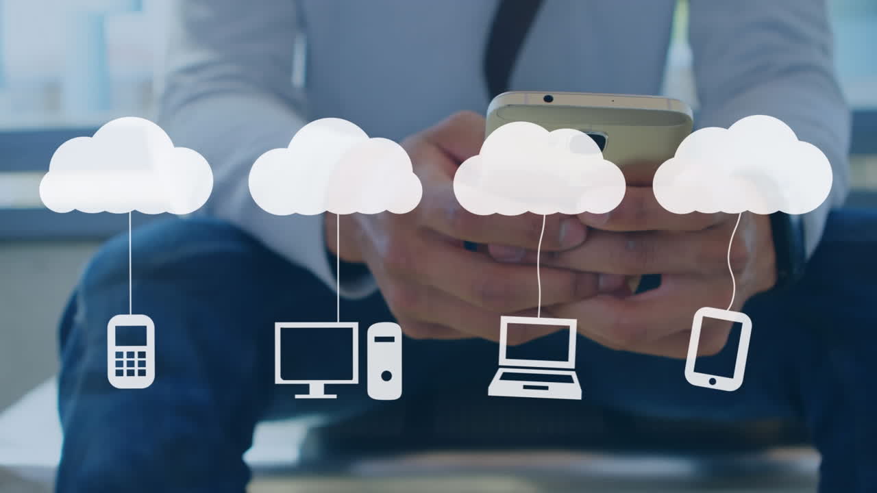 스마트 폰을 사용하여 사람 위에 구름과 디지털 아이콘의 애니메이션