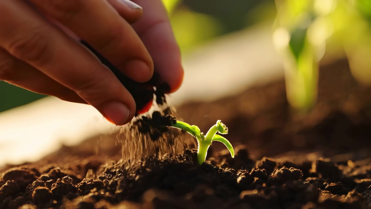 Adult hand tending young green seedling by placing dark soil around delicate sprout in warm golden backlight, low-angle closeup showing nurture, care, and fresh garden growth