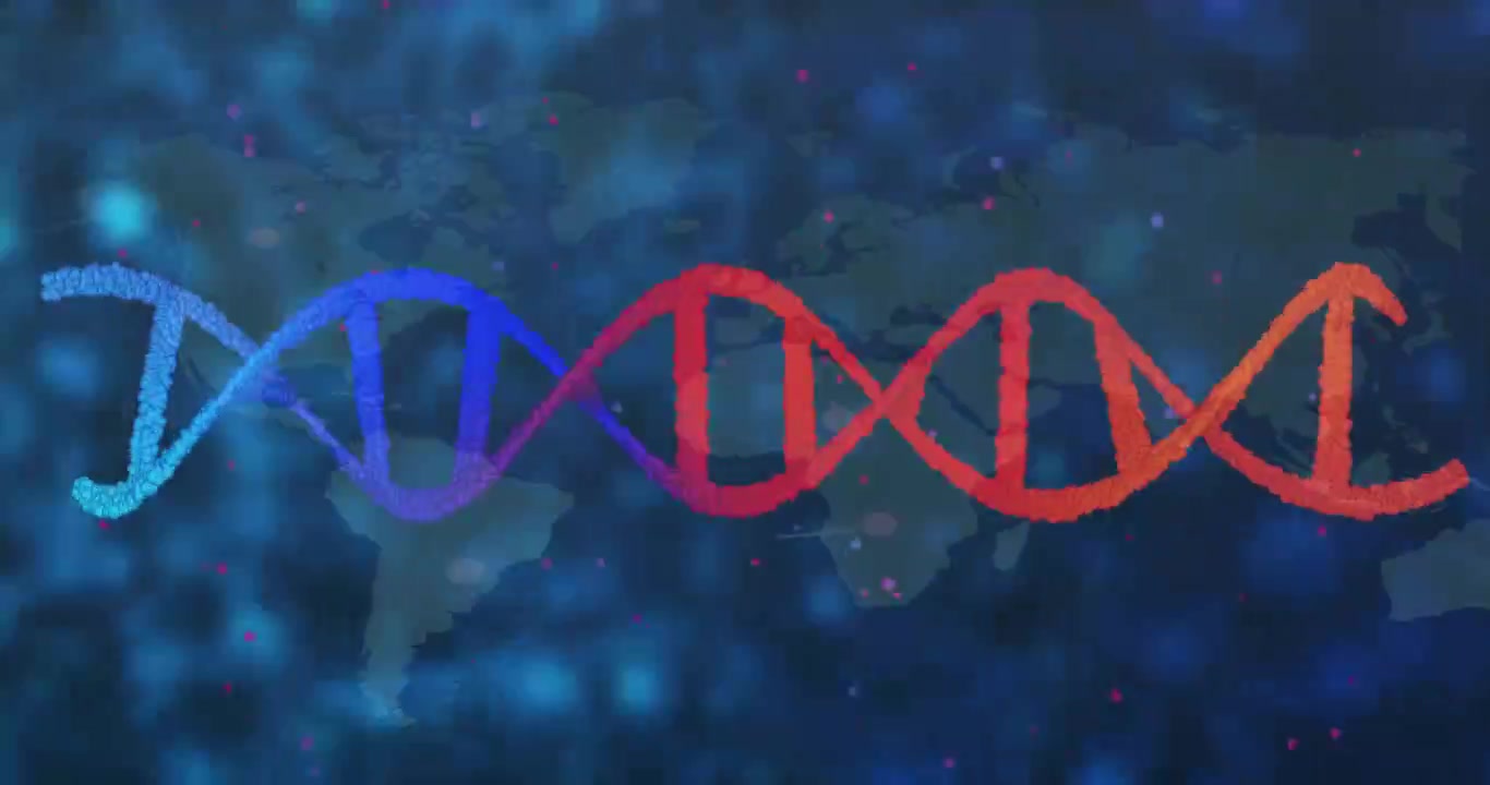 Ved afspilningsstart driver partikler og hvirvler mod midten, danner en DNA-helix, der viser globale dataforbindelser.