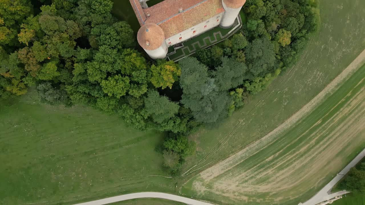 Bird's eye view of Champvent Castle in Canton of Vaud in Switzerland.