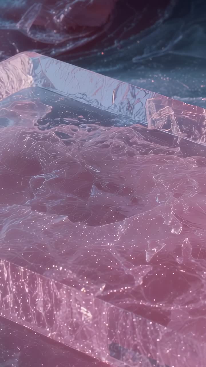 Vertical video: Ambient light causing rippling pink liquid in crystal block in studio with sparkles