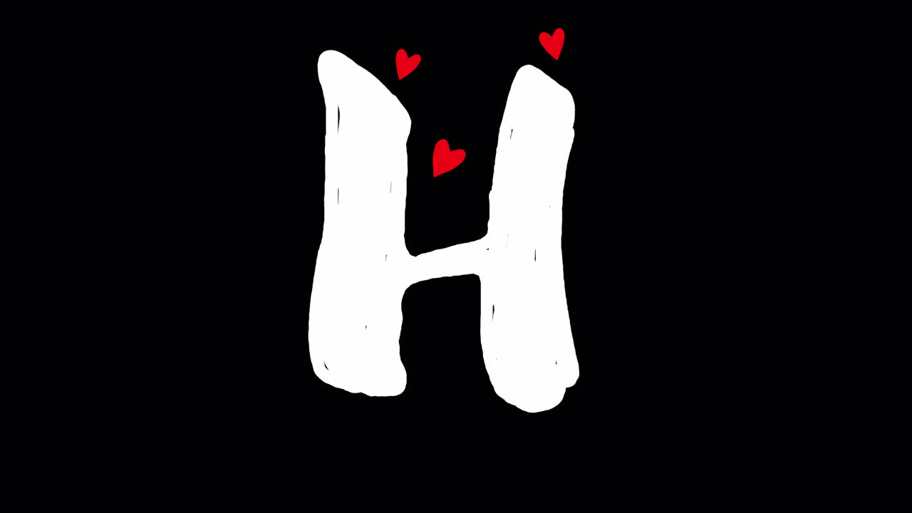 Lettre H animée dessinée à la main avec des cœurs rouges.