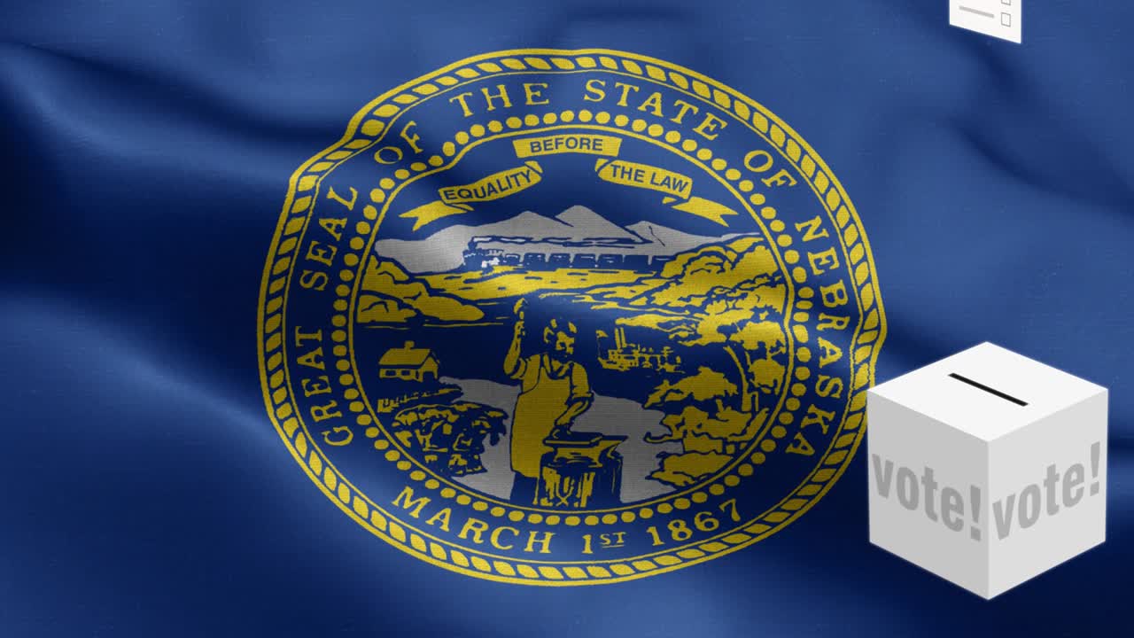 State of Nebraska - Ballots fly to box for Nebraska selection - Ballot box in front of flag - Election - Vote - National flag Nebraska State wave Pattern loopable Elements - Fabric texture and endless loop - Nebraska State Loopable Flag