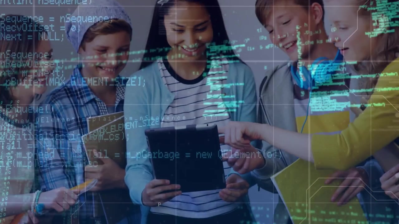 Animation of data processing over diverse business people using computer