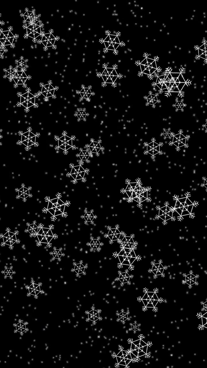 Animated white snowflakes and ice crystals fall vertically against a dark black background