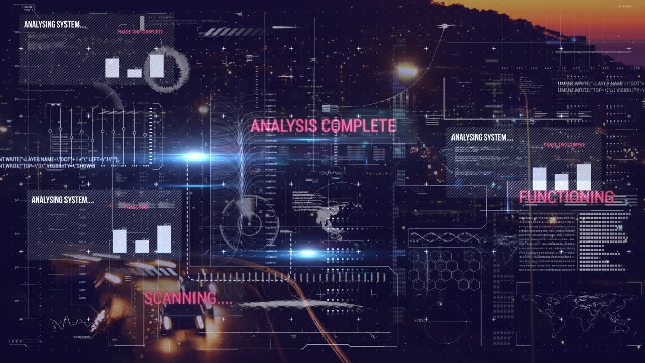 Animation of digital screen with diverse data processing over night traffic