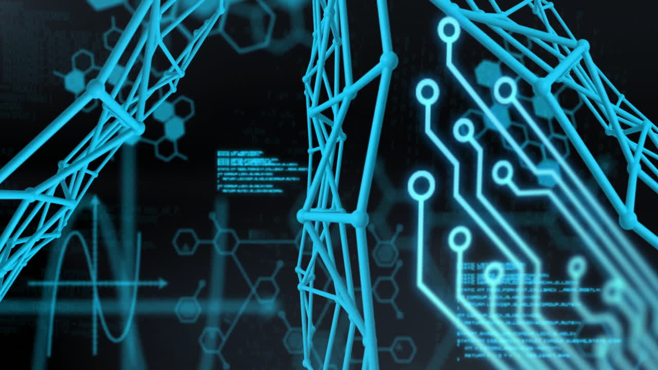 Neon-blue 3D lattice structures rotating in cyberspace, showing hexagonal icons and code