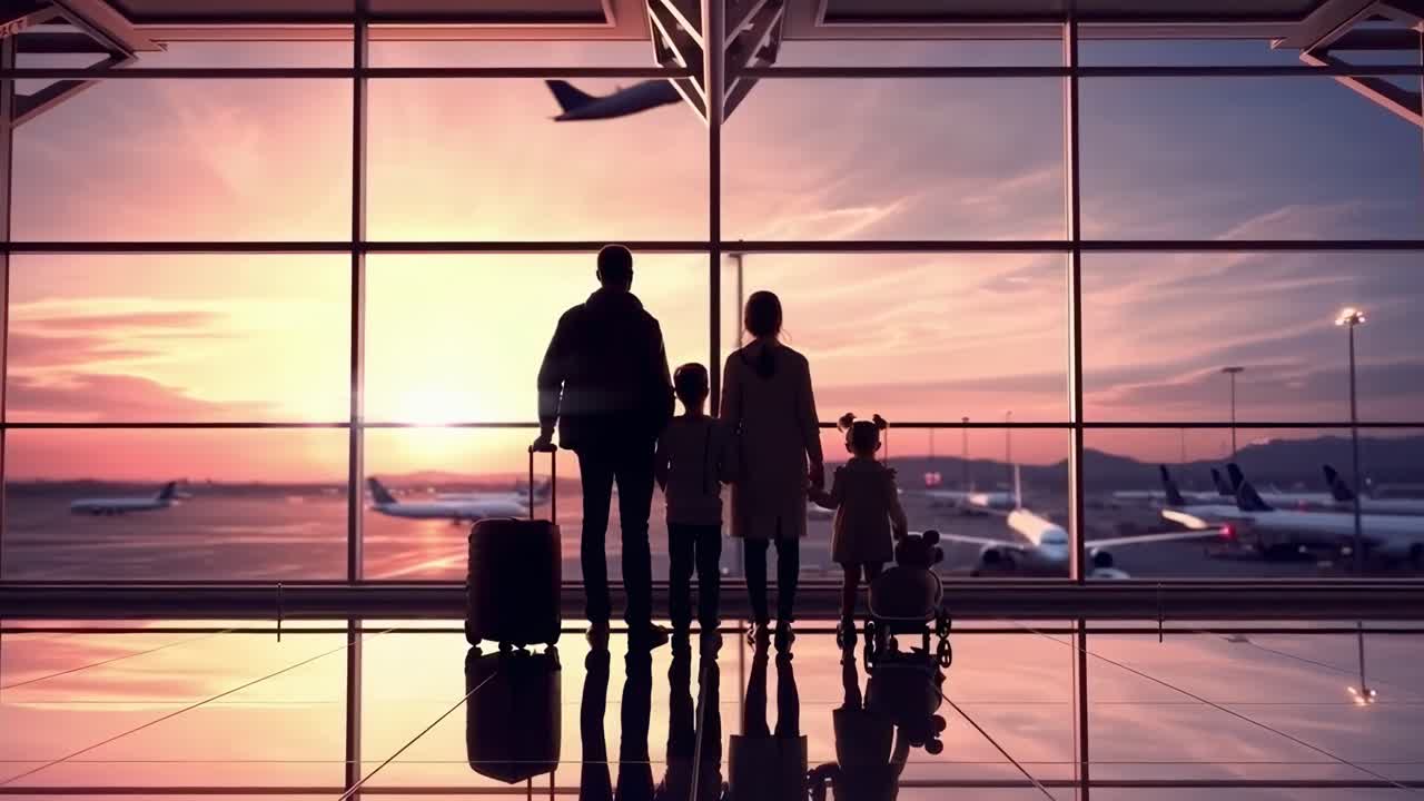 Silhouetted family at airport window, sunset view