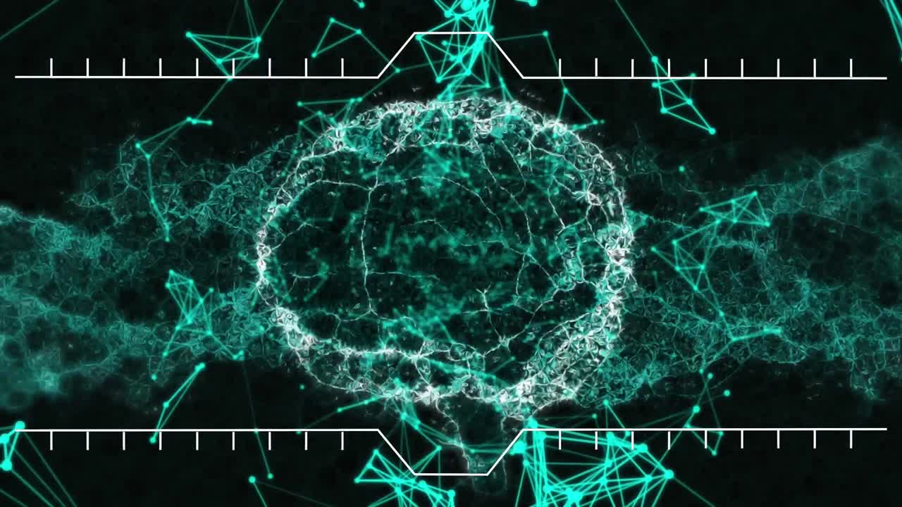 Animation of spinning human brain, digital wave and network of connections against black background