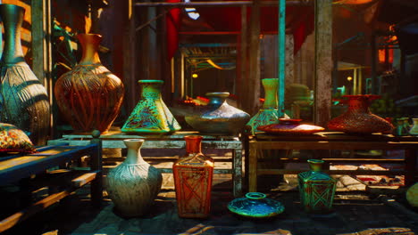 a colorful display of pottery in a middle eastern market