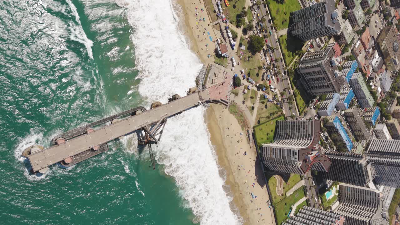 Aerial Birds Eye View Of Vergara Pier In Vina Del Mar