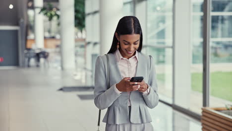 walking, smile and a woman with a phone at work