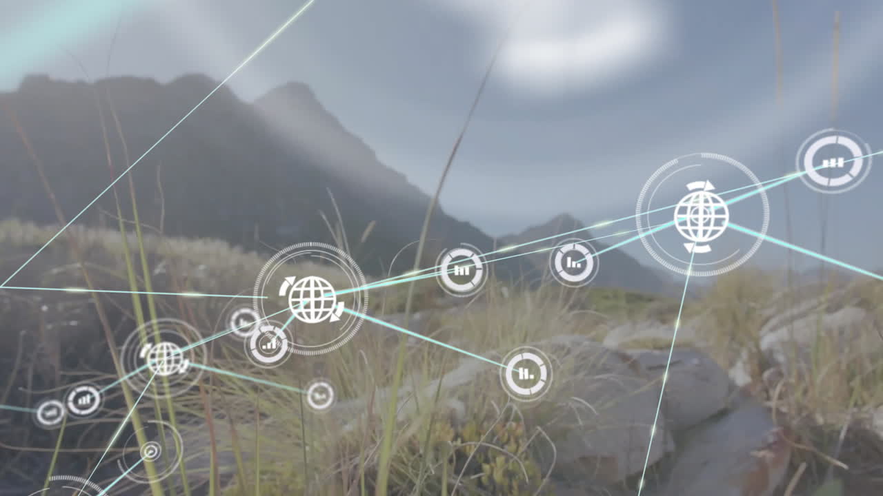 풍경 위의 아이콘으로 연결된 네트워크의 애니메이션