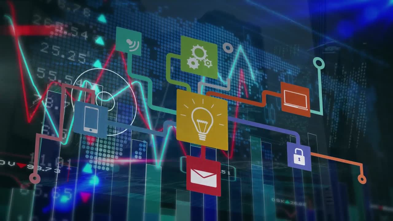 animación de la red de conexiones sobre el procesamiento de datos y el mapa del mundo sobre fondo negro